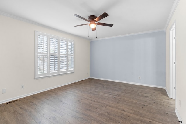 unfurnished room with crown molding, dark hardwood / wood-style flooring, and ceiling fan