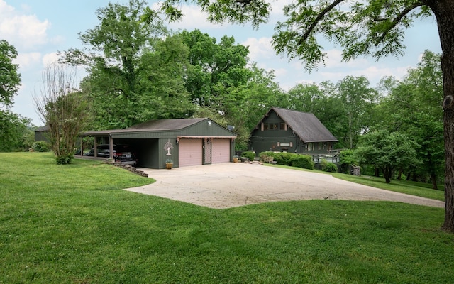 view of front of home with a garage, a carport, and a front lawn