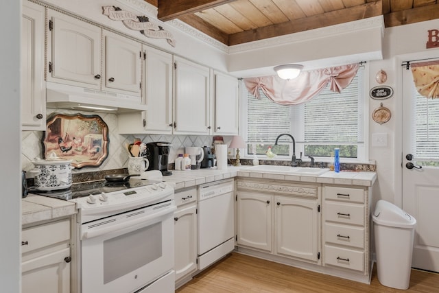 kitchen featuring wood ceiling, light wood-type flooring, white appliances, and tile countertops