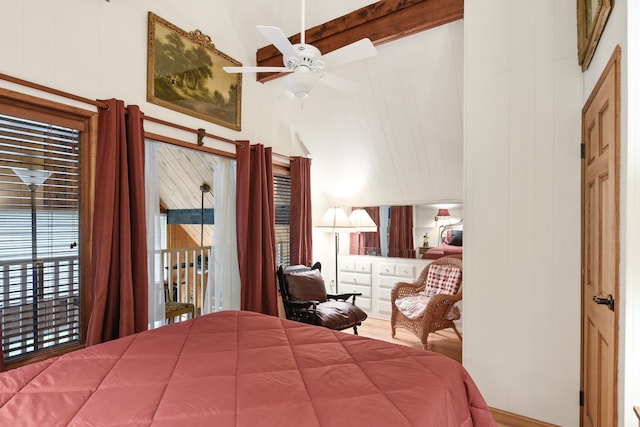 bedroom with high vaulted ceiling, beam ceiling, ceiling fan, and multiple windows