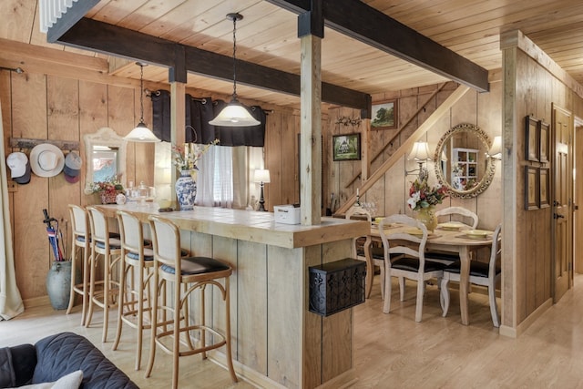 kitchen with wood walls, light hardwood / wood-style floors, beamed ceiling, and wooden ceiling