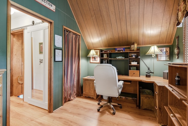 office area featuring lofted ceiling, light wood-type flooring, wood walls, and wooden ceiling