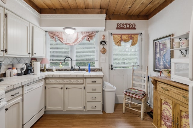 kitchen featuring white cabinets, wood ceiling, sink, dishwasher, and tile counters