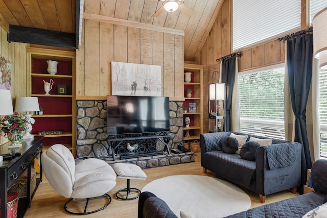 living room featuring wood ceiling, light hardwood / wood-style flooring, and built in shelves