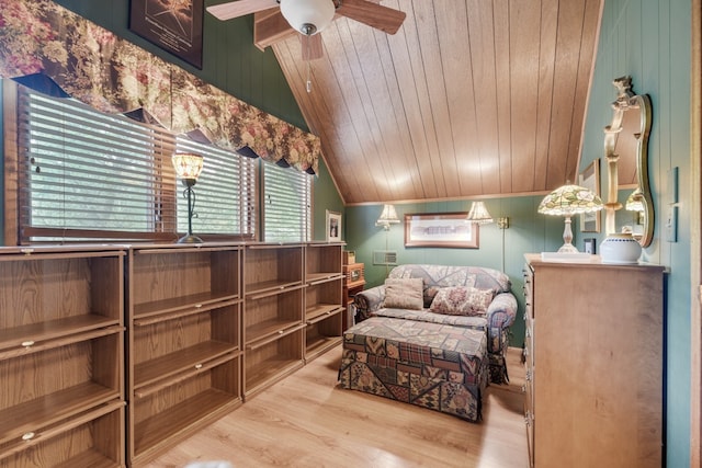 sitting room with wooden ceiling, vaulted ceiling, ceiling fan, and light hardwood / wood-style flooring