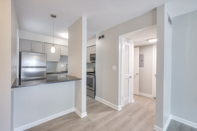 kitchen with pendant lighting, light wood-type flooring, sink, backsplash, and appliances with stainless steel finishes