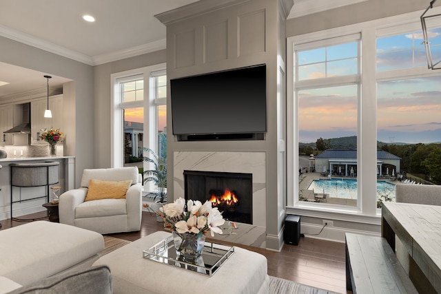 living room featuring ornamental molding and a high end fireplace