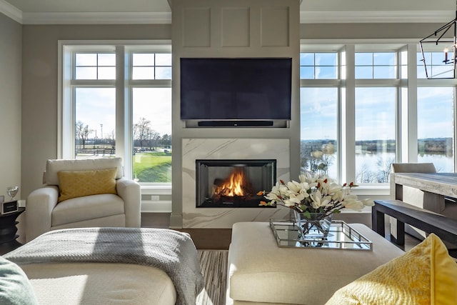 living room with crown molding and a high end fireplace