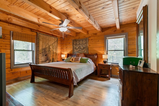 bedroom featuring wooden ceiling, beam ceiling, ceiling fan, and light hardwood / wood-style flooring