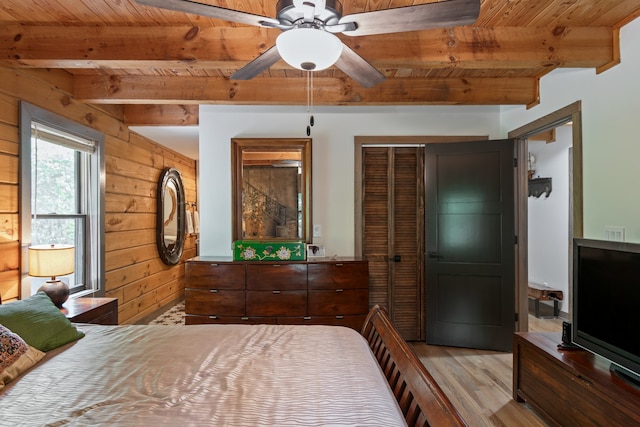 bedroom featuring wooden ceiling, light hardwood / wood-style floors, and wooden walls