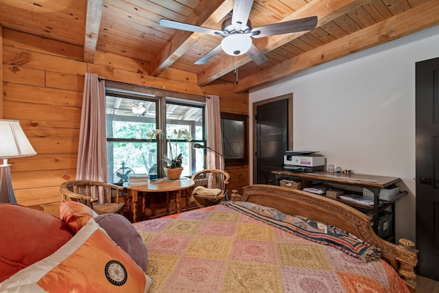 bedroom featuring ceiling fan, wood walls, beam ceiling, and wooden ceiling