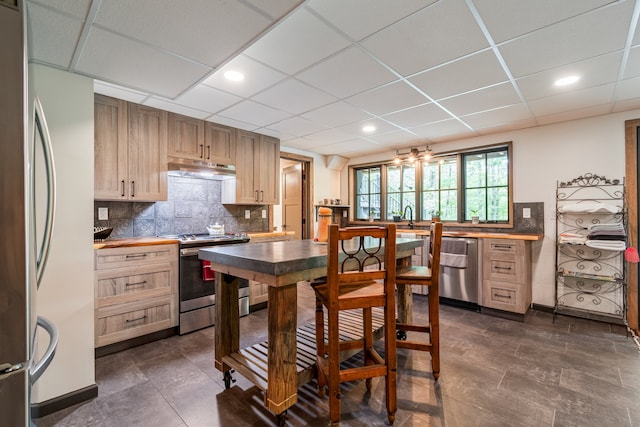 kitchen with light brown cabinets, sink, a paneled ceiling, appliances with stainless steel finishes, and decorative backsplash