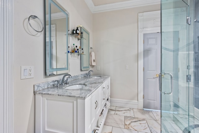 bathroom featuring ornamental molding, vanity, and a shower with door