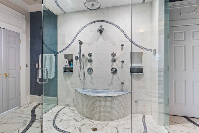 bathroom with walk in shower and crown molding