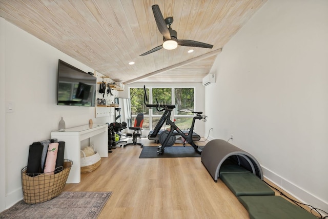 exercise room with ceiling fan, wood ceiling, lofted ceiling, light hardwood / wood-style flooring, and a wall mounted air conditioner