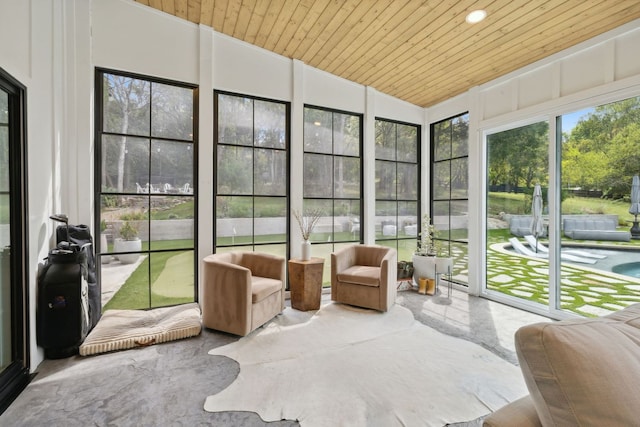 sunroom with wooden ceiling