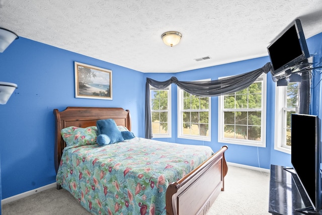 carpeted bedroom with multiple windows and a textured ceiling