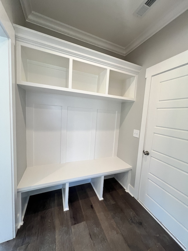 mudroom featuring crown molding and dark wood-type flooring