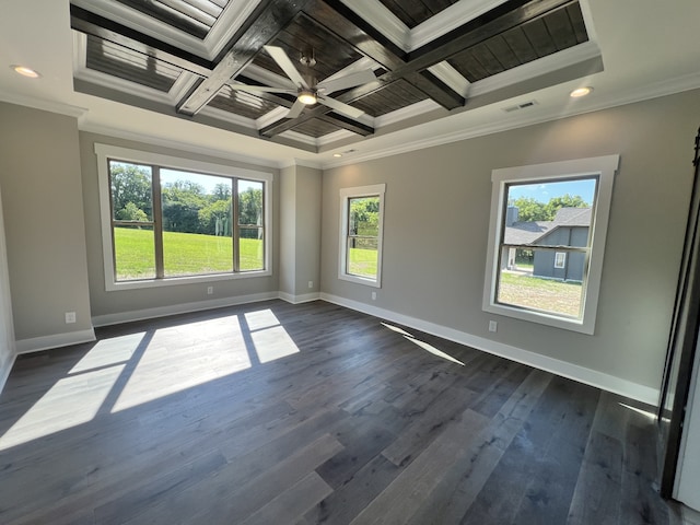 unfurnished room with ornamental molding, coffered ceiling, ceiling fan, and dark wood-type flooring