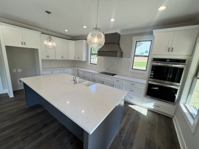 kitchen featuring custom range hood, a center island with sink, dark wood-type flooring, and a wealth of natural light