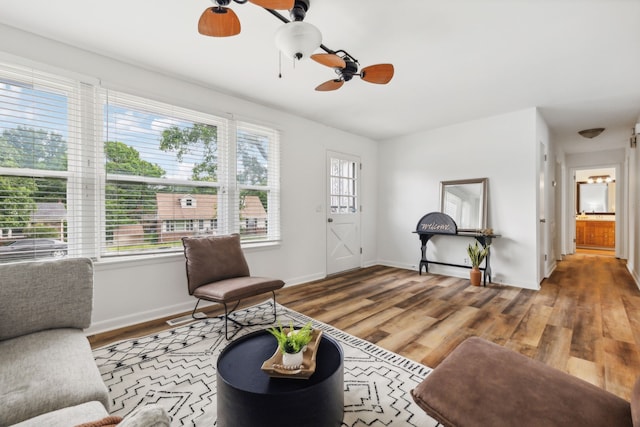 living room featuring ceiling fan and hardwood / wood-style floors