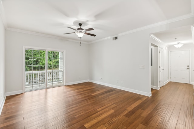 unfurnished room featuring wood-type flooring, ceiling fan, and crown molding