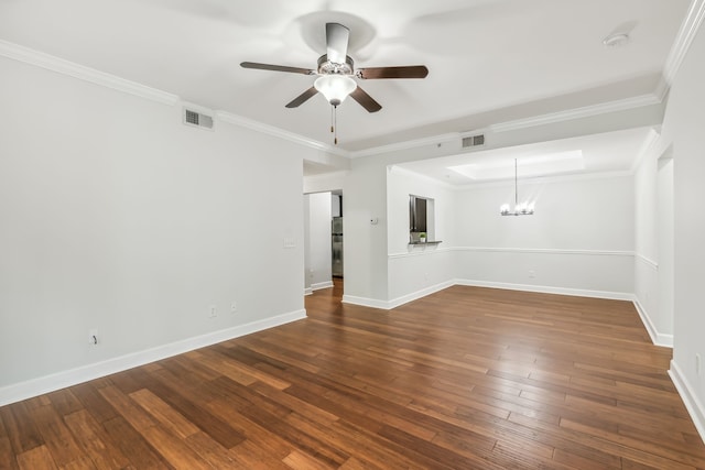 empty room featuring ceiling fan with notable chandelier, ornamental molding, and dark hardwood / wood-style flooring