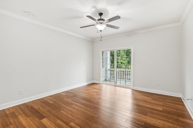 unfurnished room featuring ceiling fan, hardwood / wood-style floors, and crown molding