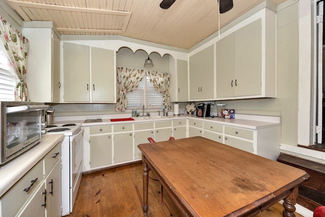 kitchen with dark hardwood / wood-style flooring, wooden ceiling, white electric range, ceiling fan, and sink