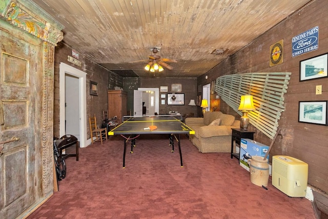 395 Case Rd, Prospect, TN 38477 - recreation room featuring a ceiling fan, carpet, wooden ceiling, and wooden walls
