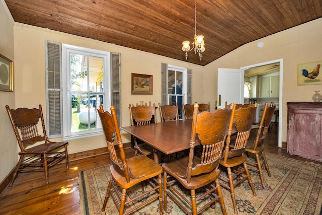 dining space featuring an inviting chandelier, dark hardwood / wood-style floors, vaulted ceiling, and wooden ceiling