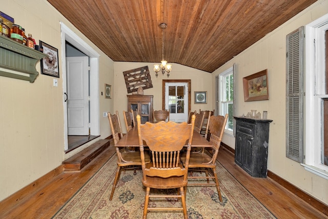 dining area featuring an inviting chandelier, wood-type flooring, lofted ceiling, and wood ceiling