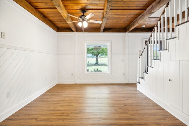 foyer featuring wood ceiling, beam ceiling, ceiling fan, and hardwood / wood-style floors