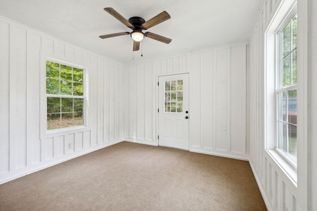 carpeted spare room featuring ceiling fan, crown molding, and a wealth of natural light