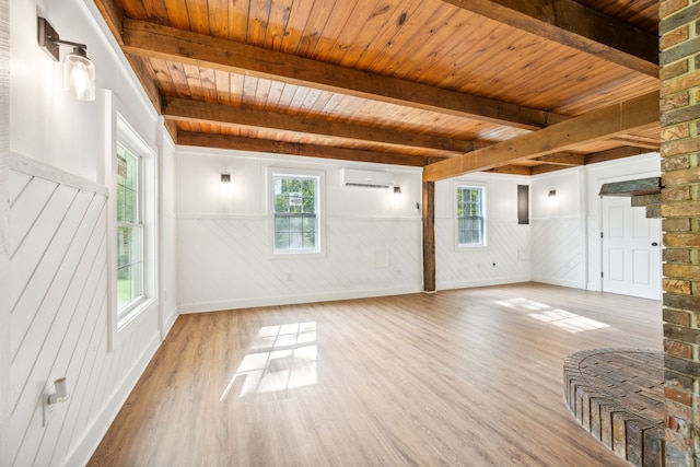 unfurnished living room featuring wood ceiling, wood walls, beamed ceiling, and hardwood / wood-style flooring