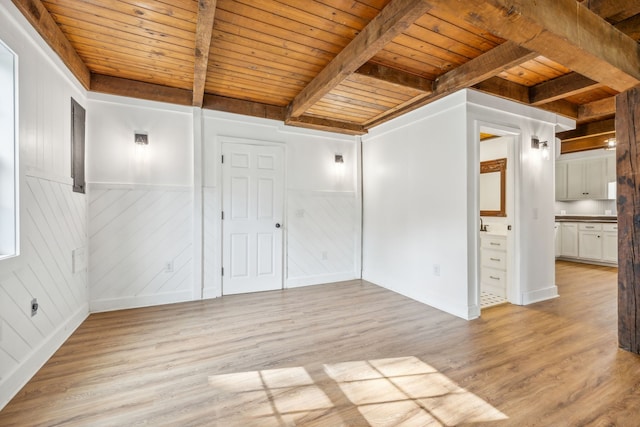 unfurnished room featuring beamed ceiling, light hardwood / wood-style flooring, wooden walls, and wooden ceiling