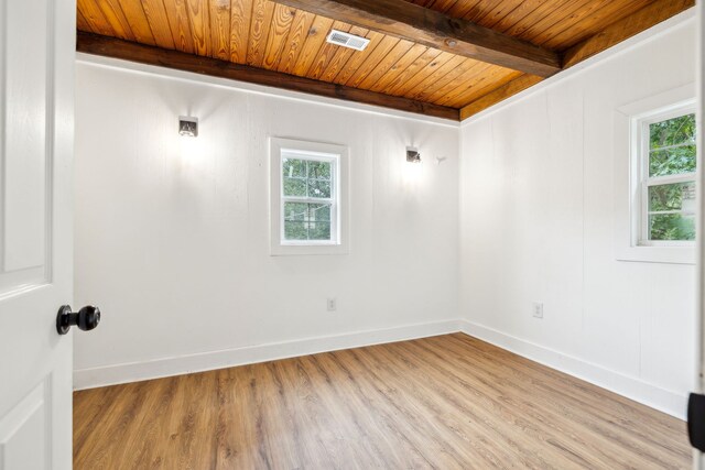 spare room featuring light hardwood / wood-style floors, a healthy amount of sunlight, wood ceiling, and beamed ceiling