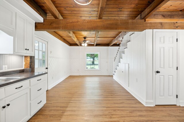 kitchen featuring light wood-type flooring, wood ceiling, white cabinetry, and beamed ceiling