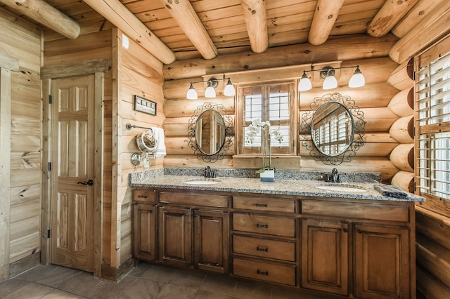 bathroom featuring wooden ceiling, log walls, vanity, and beamed ceiling