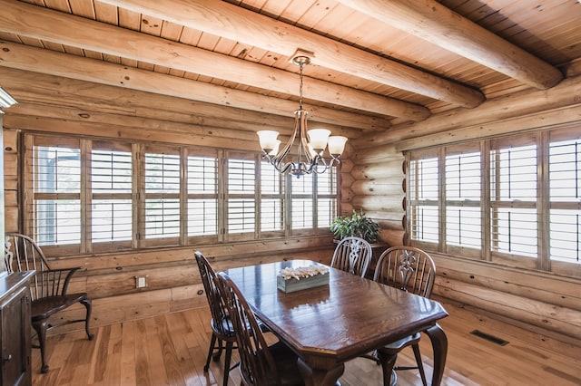 dining room featuring beamed ceiling, wooden ceiling, an inviting chandelier, light hardwood / wood-style flooring, and rustic walls