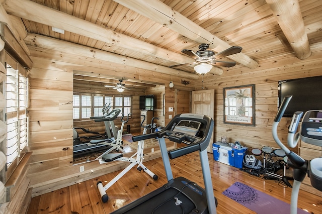 workout area with wood ceiling, wooden walls, ceiling fan, and hardwood / wood-style flooring