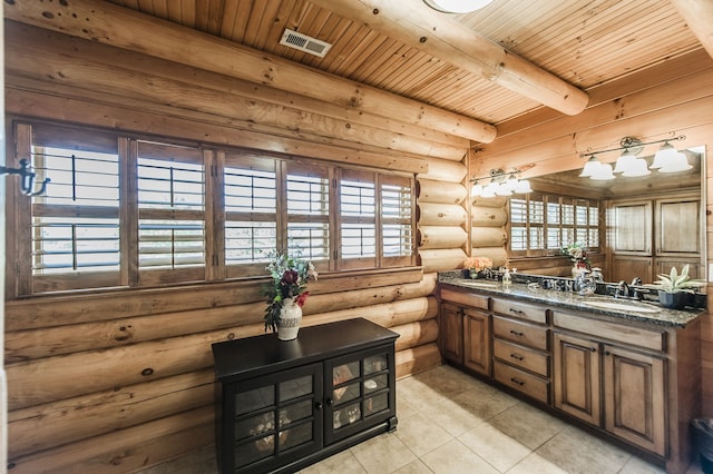 bathroom featuring log walls, vanity, beamed ceiling, wooden ceiling, and tile patterned flooring