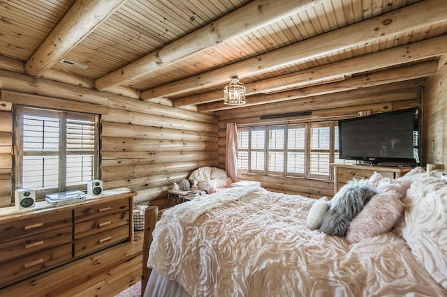 bedroom featuring wood ceiling, wood-type flooring, multiple windows, and beamed ceiling