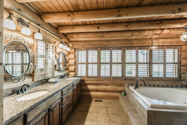 bathroom featuring a healthy amount of sunlight, wood ceiling, vanity, and a relaxing tiled tub