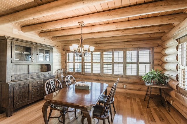 dining room with light wood-type flooring, wooden ceiling, and a healthy amount of sunlight