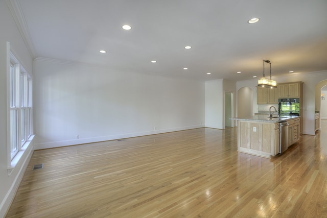 unfurnished living room with light wood-type flooring, sink, and crown molding