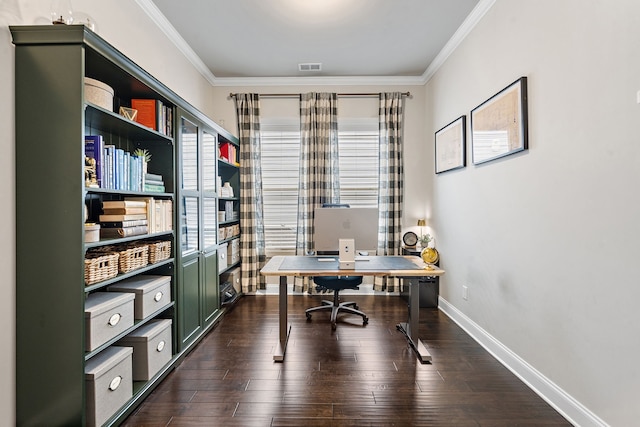 office space featuring crown molding and dark wood-type flooring