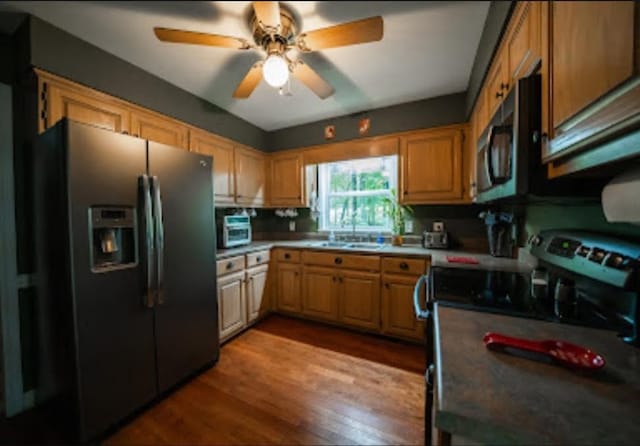 kitchen with light wood-type flooring, sink, ceiling fan, and stainless steel appliances