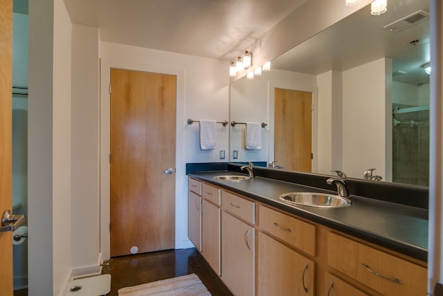 bathroom featuring vanity and a shower with shower door