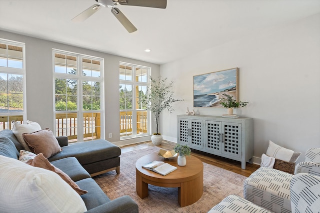 living room featuring ceiling fan, plenty of natural light, and hardwood / wood-style floors